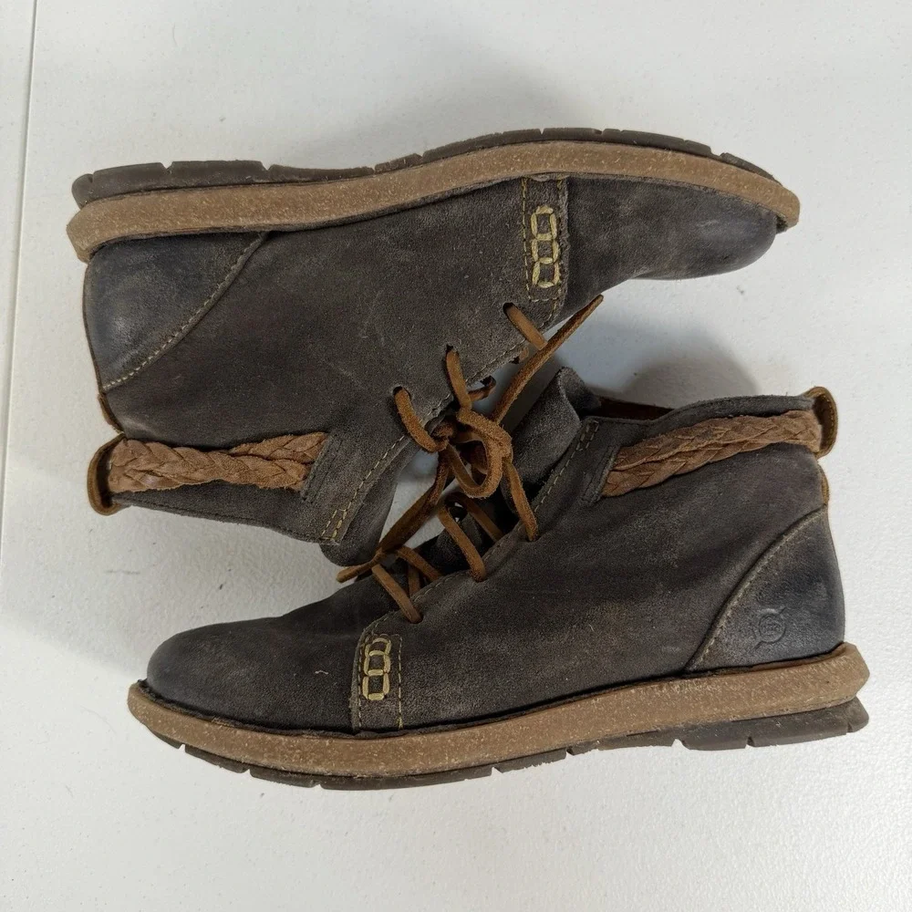 Born 7.5 Ankle Bootie Temple Final Suede‎ Rugged Leather Lace Up Boots Women's